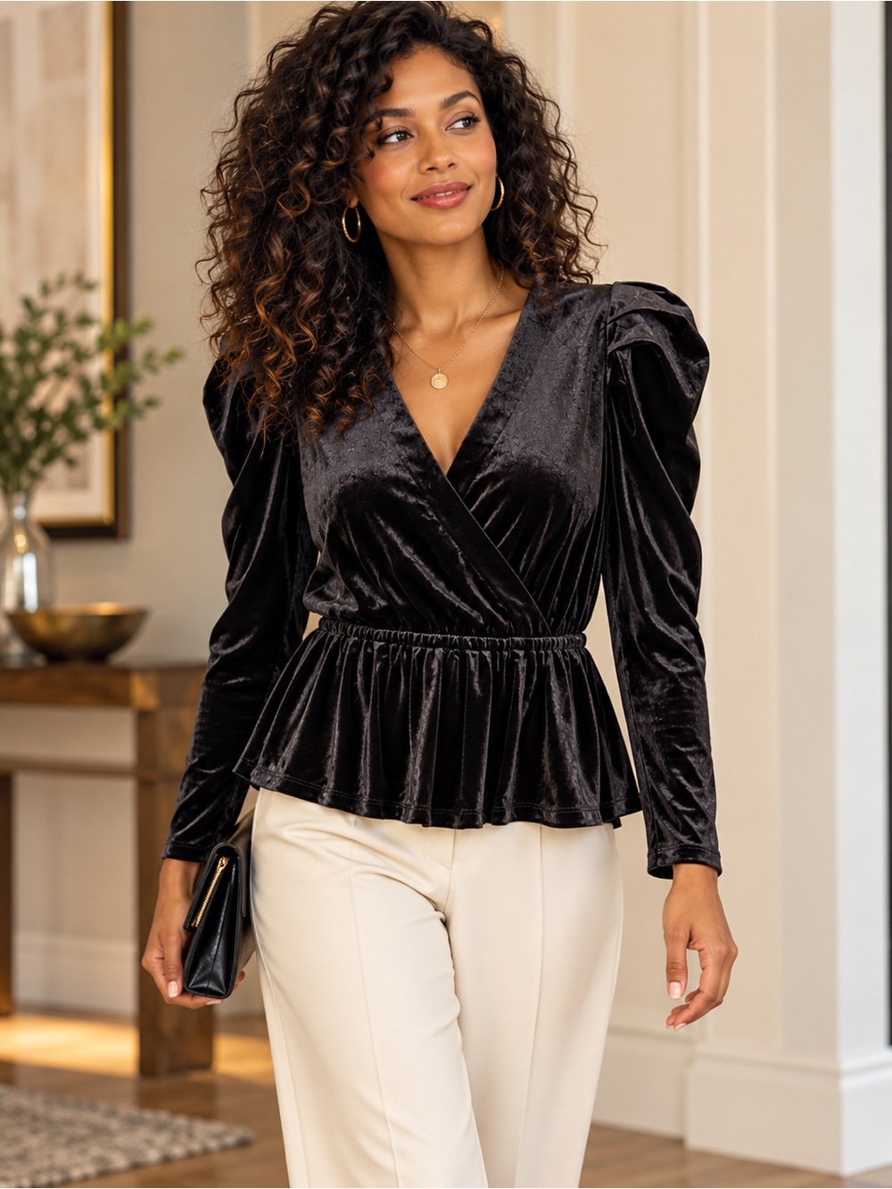LOFT Black Velvet Velour Puff Sleeve Wrap Peplum Top Size Small Holiday Party